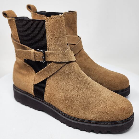 Donald J. Pliner Captain Chelsea Boots Women 8M Tan Suede Brown Panel Side Zip - Picture 1 of 13